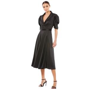 MAC DUGGAL Dress Size 4 Evening Gown Black Satin NEW Lapel Puff Sleeve Midi